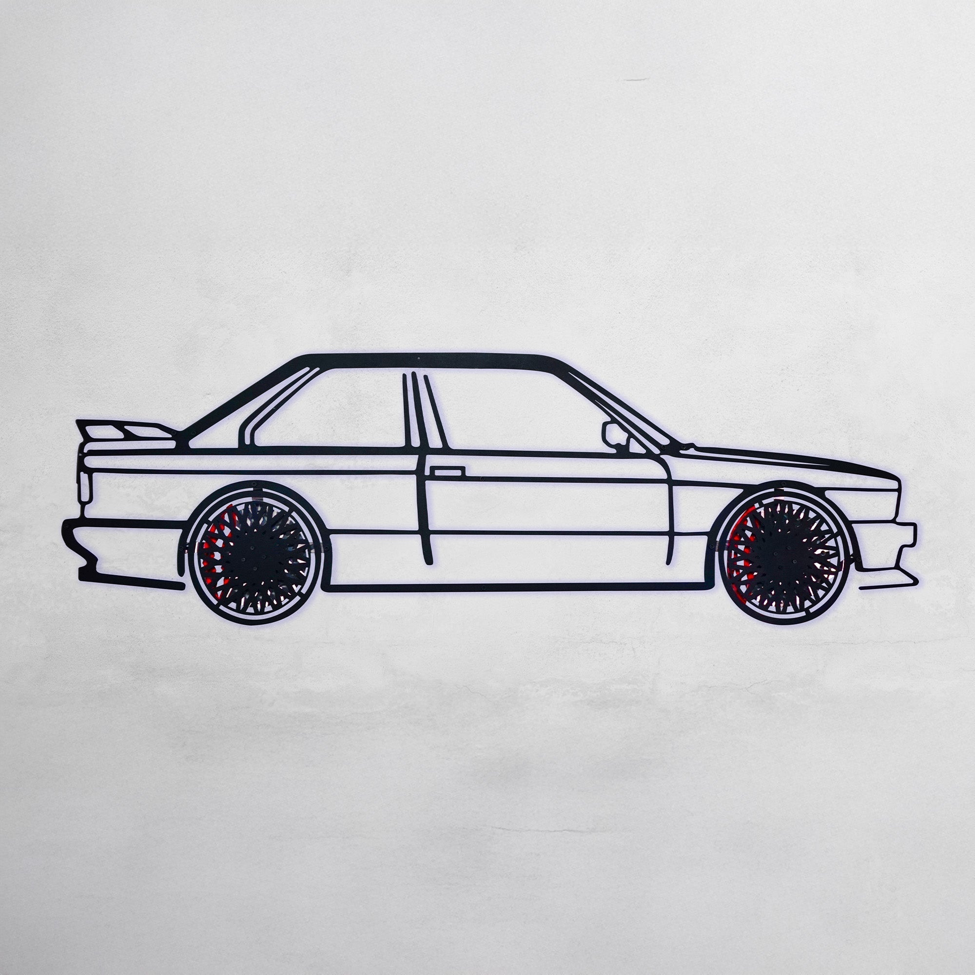 E30 M3 Wall Art – Classic Steel Silhouette with Spinning Wheels -KAFMEKA013