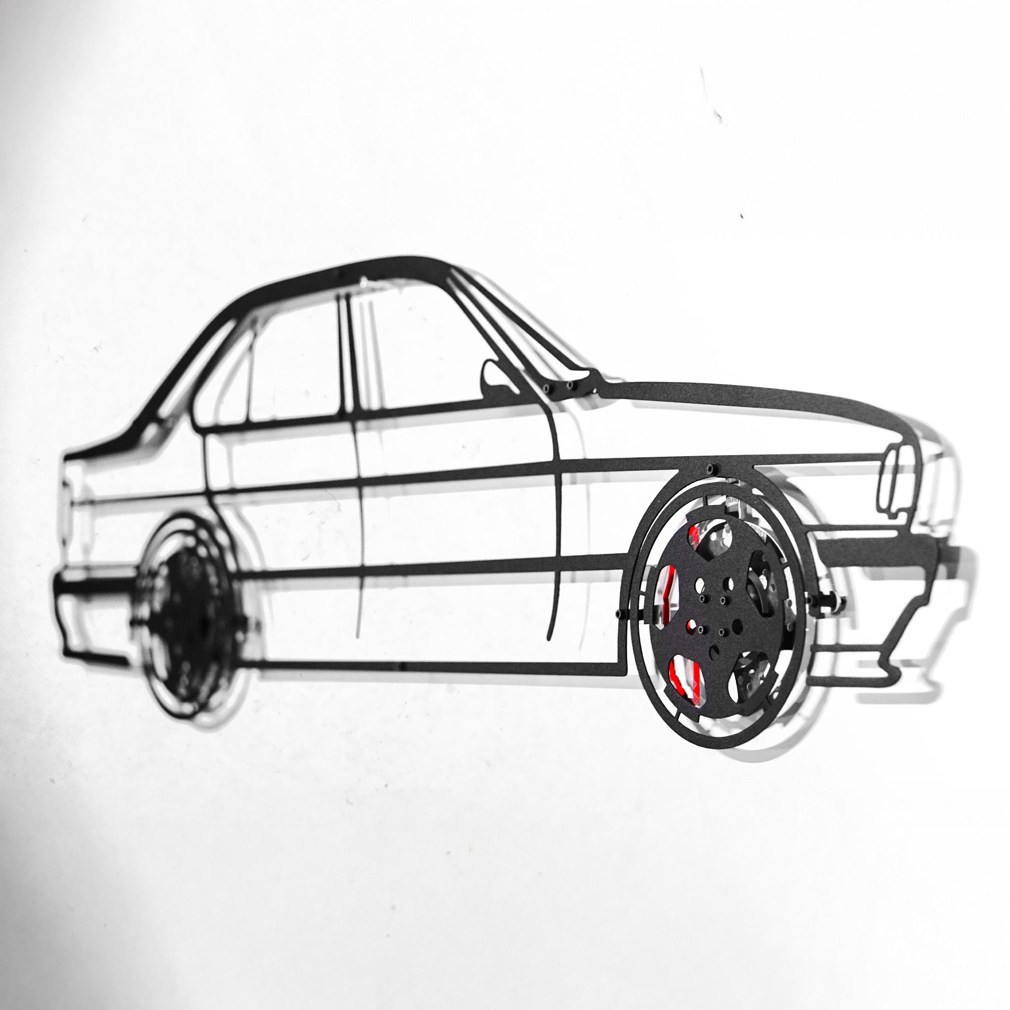 E34 M5 Wall Art – Classic Steel Silhouette with Spinning Wheels-KAFMEKA014