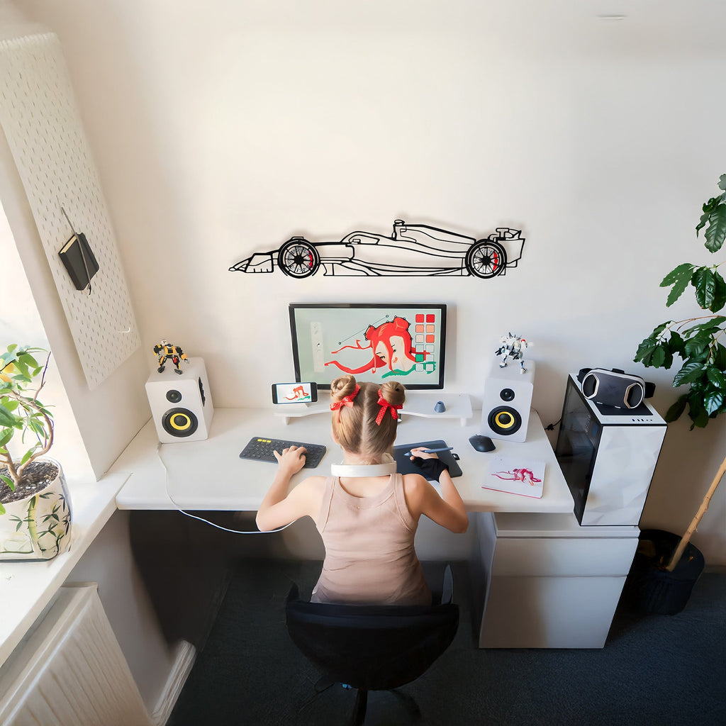Formula 1 Wall Art – Steel Silhouette Racing Car with Spinning Wheels-KAFMEKA023