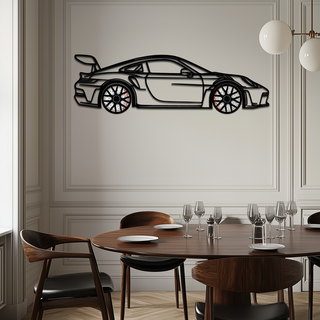 GT3 RS Style Metal Wall Art – Rotating Wheel Car Silhouette