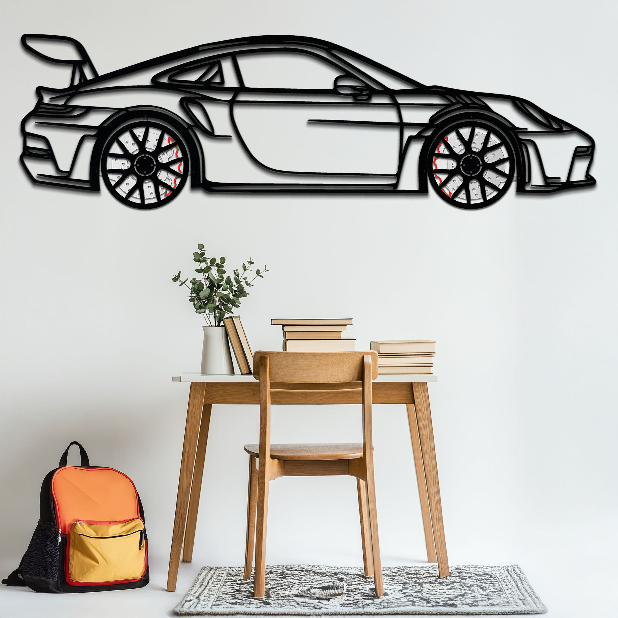 GT3 RS Style Metal Wall Art – Rotating Wheel Car Silhouette