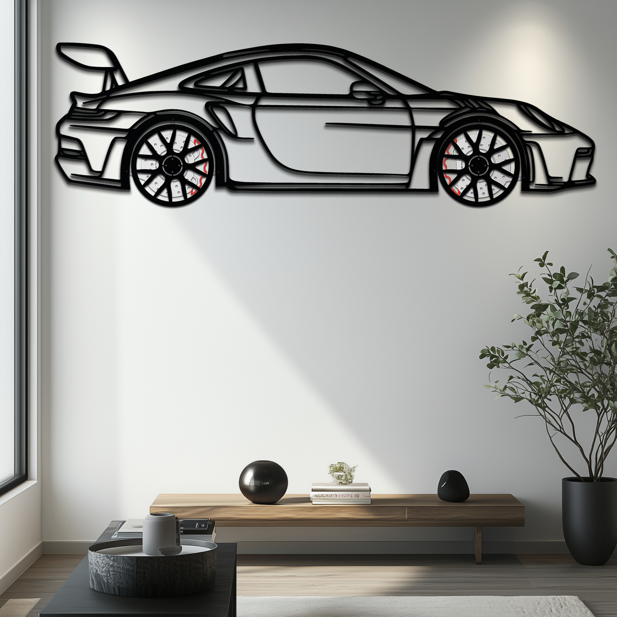 GT3 RS Style Metal Wall Art – Rotating Wheel Car Silhouette
