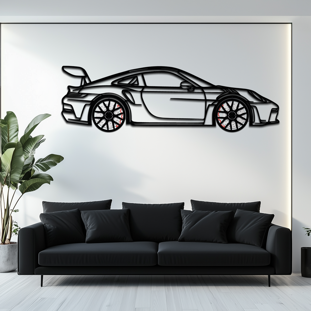 GT3 RS Style Metal Wall Art – Rotating Wheel Car Silhouette