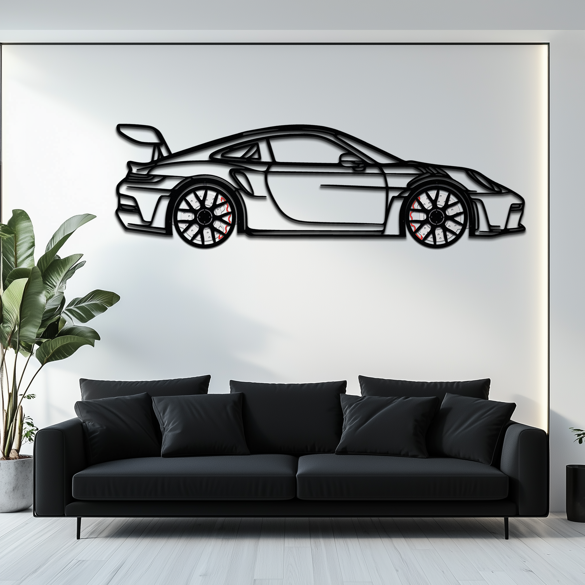 GT3 RS Style Metal Wall Art – Rotating Wheel Car Silhouette