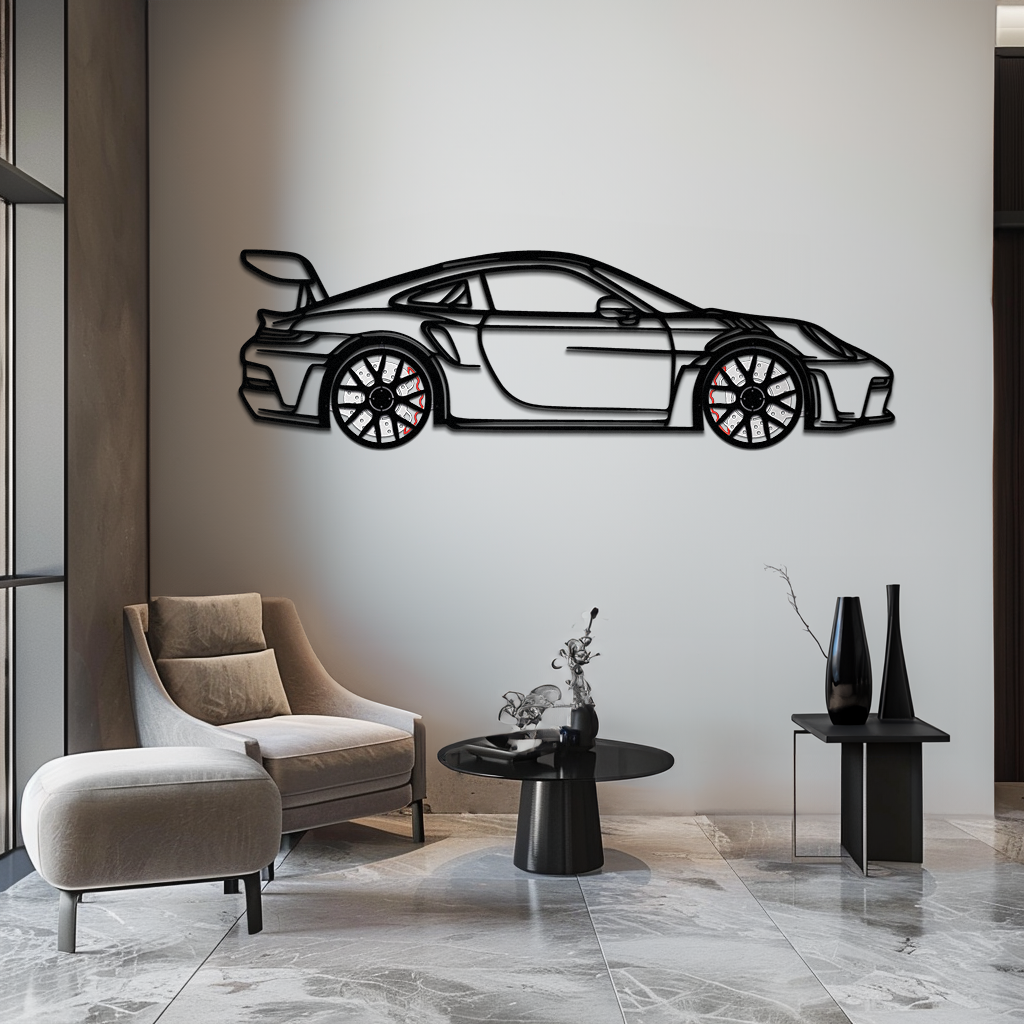 GT3 RS Style Metal Wall Art – Rotating Wheel Car Silhouette