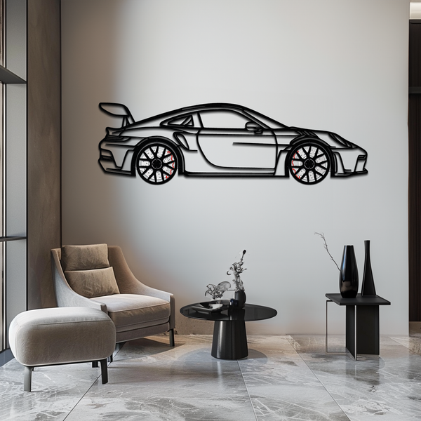 GT3 RS Style Metal Wall Art – Rotating Wheel Car Silhouette