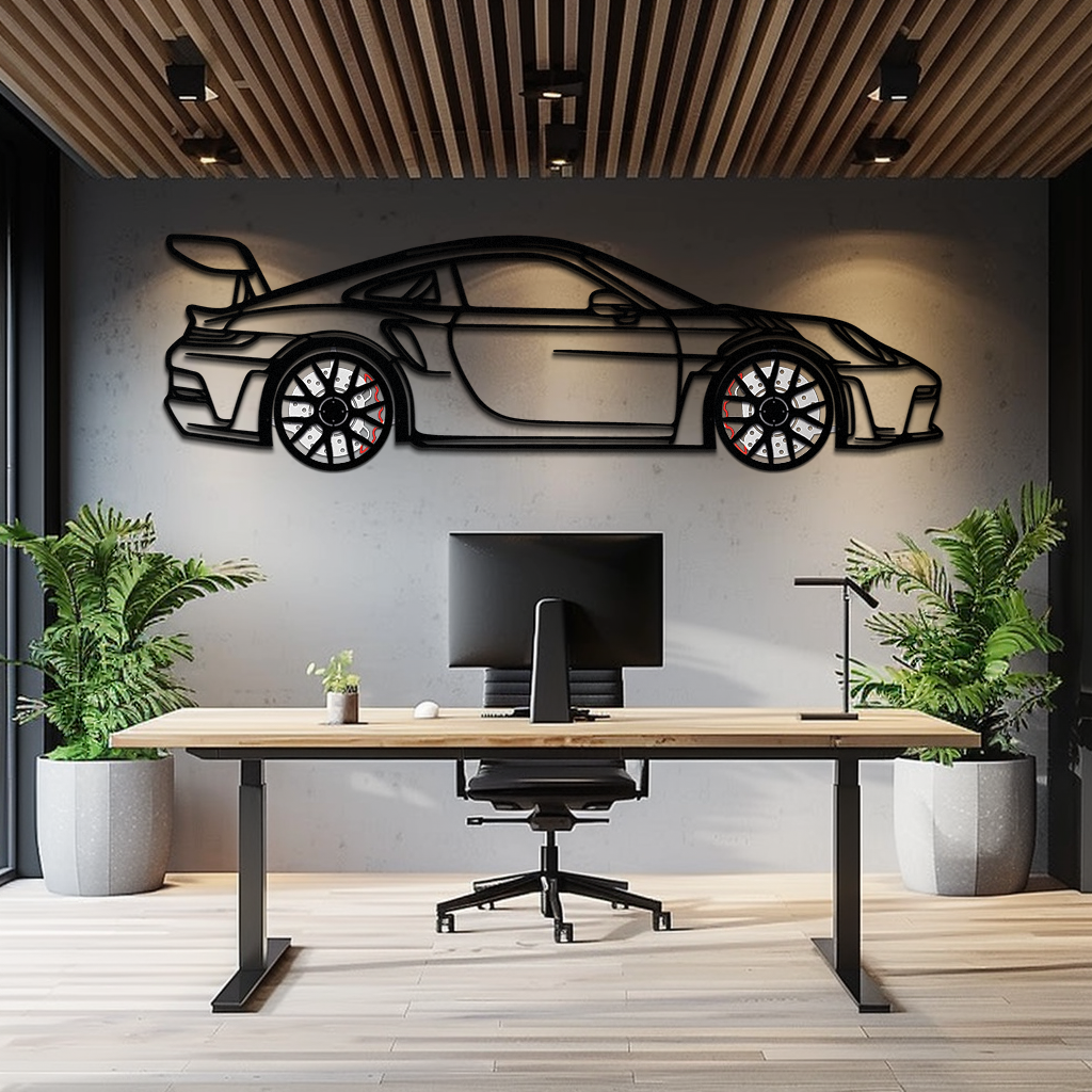 GT3 RS Style Metal Wall Art – Rotating Wheel Car Silhouette
