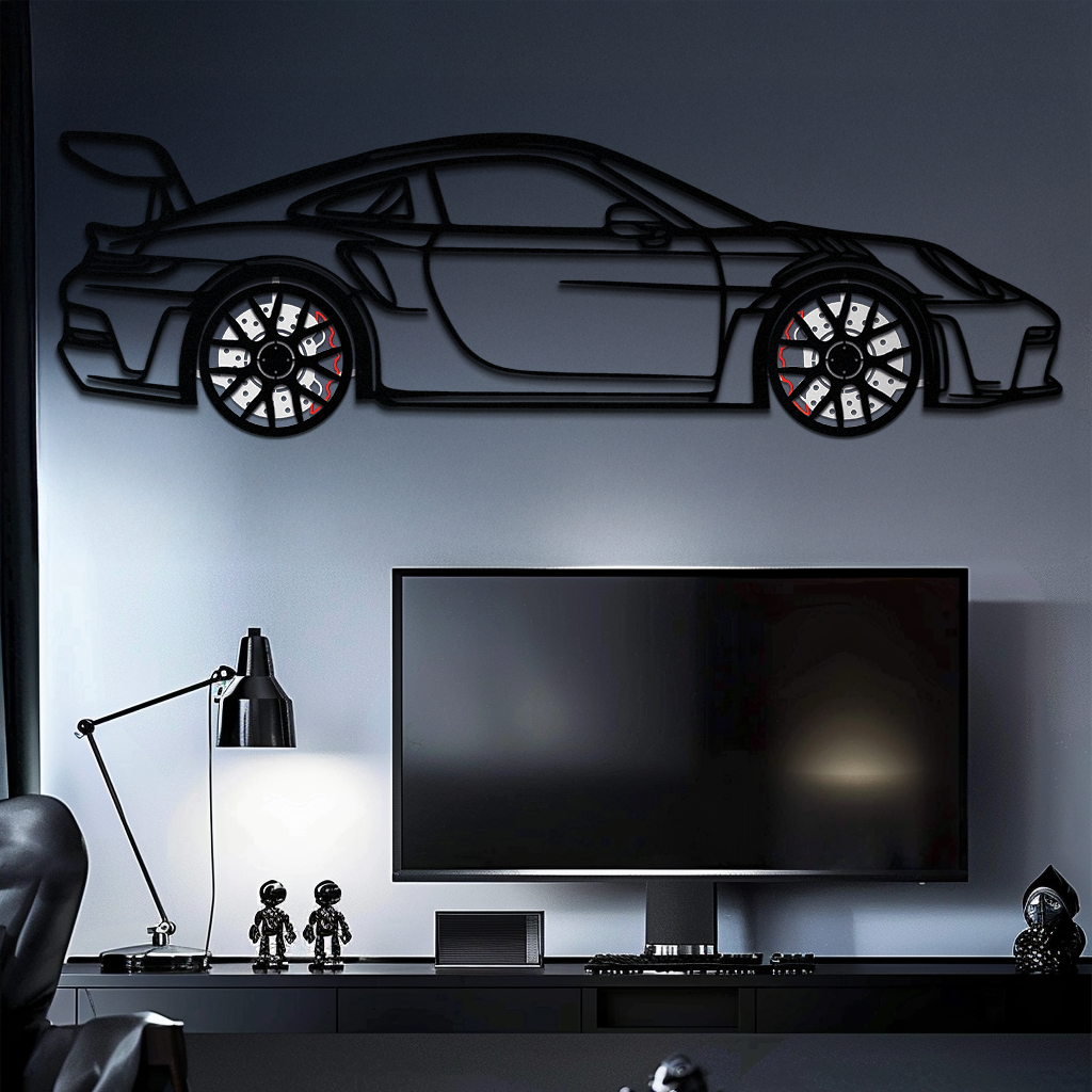 GT3 RS Style Metal Wall Art – Rotating Wheel Car Silhouette