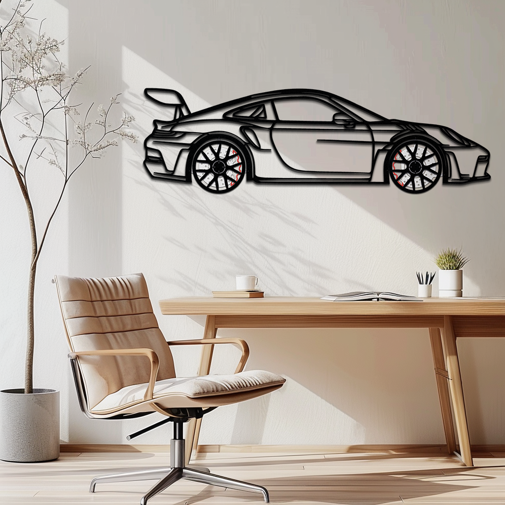 GT3 RS Style Metal Wall Art – Rotating Wheel Car Silhouette